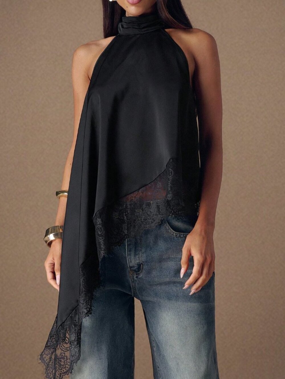 Black Elegant Women's Lace-Trim Backless Satin Patchwork Sleeveless Camisole Top